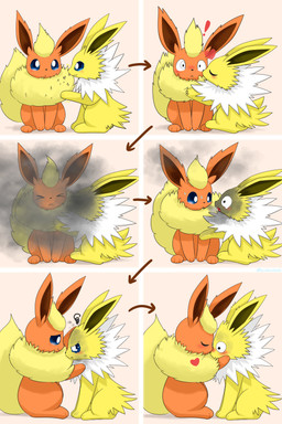 ambiguous_gender black_nose blue_eyes blush duo feral fur heart_symbol kiss_on_nose kissing kissing_cheek paws red_body red_ears red_fur smile smoke tail white_body white_fur yellow_body yellow_ears yellow_fur yellow_tail kenikenikeke nintendo pokemon eeveelution flareon generation_1_pokemon jolteon pokemon_(species) 2022 2:3 absurd_res comic hi_res