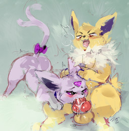 balls big_penis bodily_fluids bow_ribbon cum cum_drool drooling duo fellatio fellatio_from_feral female feral feral_on_feral fur genital_fluids genitals huge_penis male male/female oral penile penis purple_body purple_fur pushing_down pushing_head saliva saliva_on_penis sex yellow_body yellow_fur zanthu nintendo pokemon inky_(inkblot) soruchee_(soruchee) eeveelution espeon generation_1_pokemon generation_2_pokemon jolteon mammal pokemon_(species) hi_res