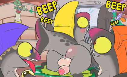 accident accidental_exposure anthro anthrofied anus backsack balls beep blonde_hair blue_eyes blush bodily_fluids bottomwear bottomwear_down butt clothed clothing constricted_pupils embarrassed flying_sweatdrops foreskin funny_background_event genitals green_ink group hair humanoid_genitalia humanoid_penis ink male mohawk nude onomatopoeia open_mouth open_smile orange_hair outside pants pants_around_ankles pants_down partially_clothed partially_retracted_foreskin penis penis_backwards pupils purple_hair red_eyes small_pupils smile sound_effects sweat sweatdrop text thick_thighs tongue tongue_out trio yellow_sclera rabblet nintendo splatoon chum_(splatoon) fish inkling_(squid_form) marine salmonid_(splatoon) scrapper_(splatoon) snatcher_(splatoon) stinger_(splatoon) 2022 digital_media_(artwork) english_text hi_res