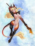 anthro big_breasts black_body blonde_hair braided_hair breasts claws crystal female floating genitals glowing glowing_markings grey_eyes hair holding_object holding_staff horn long_hair long_tail markings midair nipples nude orange_body pink_body pink_nipples pink_pussy pussy sky solo staff tail wide_hips conditional_dnp octavetothink mythology dragon mythological_creature mythological_scalie scalie 2023 absurd_res acrylic_painting_(artwork) hi_res huge_filesize painting_(artwork) traditional_painting_(artwork)