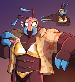 aloha_shirt antennae_(anatomy) anthro beverage biceps big_muscles bikini bodily_fluids breasts clothing crowd female flat_chested group holding_object looking_at_viewer lucha_libre_mask mask muscular muscular_anthro muscular_arms muscular_female pattern_clothing pattern_shirt pattern_topwear pecs pecs_with_breasts shirt solo sports_mask sportswear sweat swimwear topwear two-piece_swimsuit wearing_mask wrestler wrestling_mask murkychaiti golden_week rivals_of_aether la_reina_(rivals_of_aether) ant arthropod hymenopteran insect hi_res