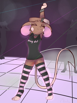 ambiguous_gender anthro black_clothing black_shirt black_t-shirt black_topwear bottomless bottomless_anthro bottomless_female bracelet brown_body brown_fur casual_exposure choker clothed clothing dancefloor dancing detailed_background ear_piercing eyelashes eyeshadow female front_view fur group hands_behind_head head_tuft jewelry legwear looking_at_viewer makeup necklace nightclub one_eye_closed one_eye_half-closed pattern_clothing pattern_legwear pattern_stockings piercing pink_eyes public public_exposure shirt silhouette solo_focus standing stockings striped_clothing striped_legwear striped_stockings stripes t-shirt tail text text_on_clothing text_on_t-shirt text_on_topwear thin_tail tiptoes toeless_legwear toeless_stockings topwear trio tuft wink milachu92 background_character milachu mammal mouse murid murine rodent 2021 3:4 absurd_res digital_drawing_(artwork) digital_media_(artwork) full-length_portrait hi_res portrait shaded soft_shading