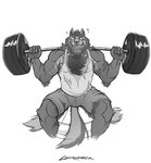 anthro barbell beard bottomwear clothed clothing ear_piercing exercise eyebrow_piercing eyebrow_ring facial_hair facial_piercing fangs front_view industrial_piercing looking_at_viewer male motion_lines multiple_piercings muscular muscular_anthro muscular_male nipple_outline nose_piercing nose_ring open_mouth piercing ring_piercing septum_piercing septum_ring shorts solo standing tail tail_motion tailwag teeth tongue tongue_out topwear torn_bottomwear torn_clothing torn_shorts torn_topwear weightlifting workout crazydrak duke_(crazydrak) canid canine mammal absurd_res hi_res monochrome