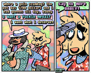 2_panel_comic aloha_shirt anthro brown_body brown_fur cigarette cigarette_in_mouth clothing coat dialogue duo facial_hair floppy_ears fur gun half-closed_eyes handgun hat headgear headwear humor male money mustache narrowed_eyes necktie nervous object_in_mouth pattern_clothing pattern_shirt pattern_topwear pistol ranged_weapon shirt smoking_tobacco speech_bubble text topwear weapon wide_eyed yellow_body yellow_fur rawdawgcomics glock bingus_(rawdawgcomics) stahli_(rawdawgcomics) bird_dog canid canine canis domestic_dog golden_retriever hunting_dog lagomorph leporid mammal rabbit retriever 5:4 comic english_text