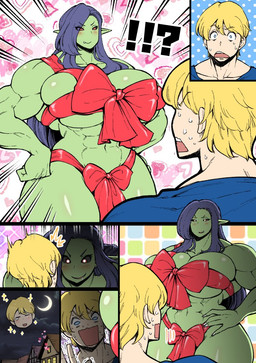 abs assertive_female assertive_humanoid big_breasts black_hair black_sclera blonde_hair blush bodily_fluids breasts building bulging_breasts cloud colored_nails duo eye_contact eyebrow_through_hair eyebrows female fingernails gift_wrapped glistening glistening_body glistening_skin glowing glowing_eyes green_body green_skin hair half-closed_eyes hand_on_hip happy heart_background heart_symbol house huge_breasts humanoid_pointy_ears imminent_sex interrobang larger_female larger_humanoid long_hair looking_at_another male monster_girl_(genre) moon mostly_nude motion_lines muscular muscular_female muscular_humanoid nails narrowed_eyes navel nervous nervous_sweat night not_furry pointy_ears rape_face red_eyes red_ribbon red_wraps ribbons saliva scared simple_background size_difference smaller_human smaller_male smile sweat thick_thighs translucent translucent_hair white_fingernails white_nails wide_hips amano_jack human humanoid mammal orc 2019 comic