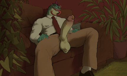 accessory anthro aroused balls belt big_balls big_penis bodily_fluids bottomwear circumcised claws clothed clothing colored_nails detailed_background erection facial_piercing footwear forked_tongue frenum_ladder frenum_piercing furniture genital_piercing genitals glans green_body green_scales grin hand_on_hip humanoid_genitalia humanoid_penis ladder_piercing long_penis long_tongue looking_at_viewer male muscular musk nails necktie nipple_piercing nipples non-mammal_balls nose_piercing pants penis penis_piercing piercing pillow pink_glans plant plant_pot pose prince_albert_piercing red_spikes red_tongue rug saggy_balls saliva scales scrotum_flap septum_piercing shirt shoes sitting smile smug_face socks sofa solo spread_legs spreading through_clothing tongue tongue_out tongue_piercing topwear yellow_eyes allstarfall goat_(movie) sony_corporation sony_pictures modo_olachenko komodo_dragon lizard monitor_lizard reptile scalie colored hi_res shaded