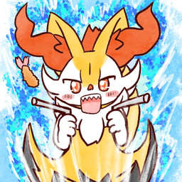 ambiguous_anthro ambiguous_gender anthro biped blush blush_stickers dowsing_rod food looking_at_viewer open_mouth sharp_teeth shrimp_(food) simple_background solo standing teeth annyui0611 nintendo pokemon braixen canid generation_6_pokemon mammal pokemon_(species) 1:1 2023 digital_drawing_(artwork) digital_media_(artwork) half-length_portrait hi_res japanese_description portrait translated_description