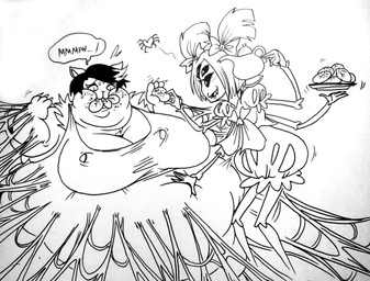 4_arms accessory anthro arthropod_webbing belly belly_squish big_belly big_breasts big_cheeks black_sclera blush bodily_fluids bottomwear bound bow_ribbon breasts chubby_cheeks claws cleavage clothed clothing dessert dominant dominant_female double_chin doughnut duo eating eating_food fangs feeder feederism feeding female female/female food food_in_mouth force_feeding forced hair hair_accessory hair_bow hair_ribbon hand_on_another's_belly hand_on_belly heart_symbol holding_doughnut holding_object holding_teapot huge_belly hyper hyper_belly immobile juliet_sleeves looking_at_another morbidly_obese morbidly_obese_anthro morbidly_obese_female multi_arm multi_limb obese obese_anthro obese_female overalls overweight overweight_anthro overweight_female pastry pigtails questionable_consent restrained ribbons shirt short_hair shorts simple_background smile smirk speech_bubble squish standing struggling stuffing submissive submissive_female sweat sweatdrop teapot teeth topwear web_bondage weight_difference weight_gain white_background worried keij undertale undertale_(series) catty_cattenheimer muffet arachnid arthropod domestic_cat felid feline felis mammal spider 2015 black_and_white hi_res monochrome sketch traditional_media_(artwork)