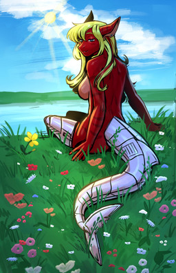 anthro blonde_hair breasts ear_piercing featureless_breasts female flower grass grass_field hair long_hair medium_breasts non-mammal_breasts outside peaceful piercing plant red_body robotic_leg robotic_legs robotic_tail sitting sitting_on_ground solo sun tail pewas fish marine shark hi_res sketch