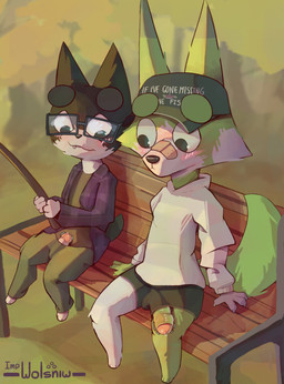 anthro baseball_cap black_body bodily_fluids bottomwear bulge clothed clothing duo embarrassed eyewear fishing_rod flannel foreskin frenulum genital_fluids genitals glasses green_body hat headgear headwear hoodie humanoid_genitalia humanoid_penis male multicolored_body outside pants partially_retracted_foreskin penis penis_poking_out penis_size_difference penis_through_clothing penis_through_leghole precum shorts sitting staring_at_penis topwear two_tone_body impwolsniw webfishing canid canine canis domestic_cat domestic_dog felid feline felis mammal absurd_res hi_res