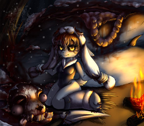 alternative_fashion animal_remains animal_skin animal_skull anthro bedding blood blood_stain bodily_fluids bodysuit bone bonfire bunny_ear_hat campfire carnivorous cinematic claws clothing corpse dagger damage dark_clothing dark_fantasy dark_fetish dark_horror dead_animal digitigrade disturbing dramatic_lighting eyeball fangs fantasy_art feet female feral fire fluffy fluffy_fur fluffy_paws fluffy_tail fur_collar fur_leg_warmers glowing glowing_eyes gore goth grim headgear headwear high_detail hindpaw horror_art horror_themes hunting internal_organs macabre melee_weapon mild_gore moody night ominous painterly paws plant predator/prey prey_animal primal rabbit_pelt severed_body_part severed_head sharp_teeth sinister size_difference skinning skinsuit skull skull_head small_chest smaller_female smile snow solo stitched_clothing survival tail teeth text tight_clothing tree unsettling violence warm_light warmers weapon wilderness winter worn_pelt yellow_eyes tasseya fan_character canid canine canis lagomorph leporid mammal rabbit wolf 2026 absurd_res artist_name bad_metadata colored concept_art dark_theme detailed digital_drawing_(artwork) digital_media_(artwork) digital_painting_(artwork) hi_res md5_mismatch painting_(artwork) shaded signature url wallpaper watermark widescreen