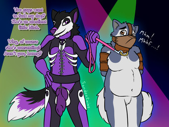 anthro arm_restraints bdsm_outfit black_body black_fur blue_body blue_fur bodysuit brown_eyes clothing collar countershade_tail countershading dominant duo fur genitals knot knotted_penis leash leashed_collar male misgendering muffled muzzle_(object) navel open_crotch penis purple_body purple_eyes purple_fur purple_penis purple_snout requesting sex_request skinsuit skull_accessory spotlight_beam submissive tail text tight_clothing white_body white_fur zipper sandentwins alaskan_malamute canid canine canis coyote domestic_dog mammal nordic_sled_dog spitz english_text hi_res trans_(lore) trans_man_(lore)