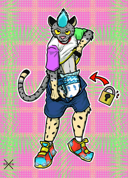 anthro clothed clothing diaper diaper_fetish implied_chastity lock lock_symbol looking_at_viewer male pattern_background presenting_diaper showing_diaper simple_background slim solo wearing_diaper raxca felid feline mammal