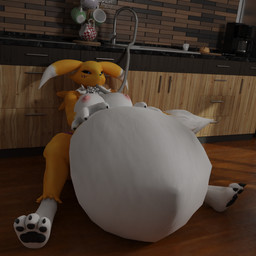 anthro belly big_belly breasts female hose hose_in_mouth hose_inflation huge_belly hyper hyper_belly inflation kitchen liquid_inflation solo vore water_inflation white_body yellow_body coolboy01fa bandai_namco digimon canid digimon_(species) mammal renamon 1:1 3d_(artwork) blender_(artwork) digital_media_(artwork) hi_res