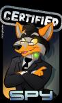 anthro badge black_body black_fur black_hair black_nose claws clothed clothing collar crossed_arms eyewear fully_clothed fur glasses glowing glowing_eyes grey_body grey_fur hair looking_at_viewer male necktie orange_body orange_fur simple_background smile solo spy suit teeth text tie_clip yellow_eyes marymouse kazuto_nightwolf_(wolfgang151) lt._knight canid canine canis fox hybrid mammal wolf 2016 character_badge_(artwork) english_text