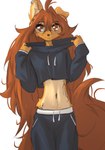 5_fingers abdominal_tattoo anthro bottomwear brown_eyes brown_hair brown_tail clothed clothed_anthro clothed_female clothing countershade_torso countershading ear_piercing female fingers front_view fully_clothed fully_clothed_anthro fully_clothed_female fur gauged_ear hair hip_tattoo inner_ear_fluff long_hair long_tail looking_at_viewer navel neck_tattoo one_ear_up piercing simple_background solo standing tail tan_body tan_fur tattoo topwear tuft white_background tinygaypirate apogee_(tinygaypirate) canid canine canis domestic_dog mammal 2025 digital_media_(artwork) hi_res