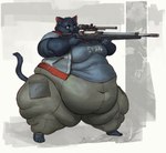 aiming anthro barefoot belly big_belly bottomwear clothing fat_rolls feet female gun high_waisted_bottomwear holding_object holding_weapon laser_sight morbidly_obese morbidly_obese_anthro morbidly_obese_female obese obese_anthro obese_female overweight overweight_anthro overweight_female pants ranged_weapon rifle science_fiction shirt simple_background sniper_rifle solo standing topwear vest weapon cettus sarka_svobodova domestic_cat felid feline felis mammal 2021 hi_res