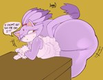 :< accessory anthro bent_over big_butt black_nose bodily_fluids butt clothing dialogue dress eyelashes female forehead_gem gem gloves hair hair_accessory hairband handwear huge_butt huge_thighs hyper hyper_butt hyper_thighs motion_lines one_eye_closed orange_eyes purple_body purple_ears purple_hair purple_tail red_gem red_hairband simple_background solo speech_bubble sweat sweatdrop tail tan_inner_ear text thick_thighs three-quarter_view white_clothing white_dress white_gloves white_handwear yellow_background tuggg sega sonic_the_hedgehog_(series) blaze_the_cat domestic_cat felid feline felis mammal 2025 colored digital_media_(artwork) english_text shaded signature