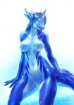 2017 anthro aquatic_dragon blue_hair breasts brown_eyes digital_media_(artwork) dragon equus featureless_breasts featureless_crotch female glistening gradient_background hair hi_res horn looking_at_viewer marine mythological_creature mythological_scalie mythology non-mammal_breasts nude scalie simple_background smile solo tail wide_hips