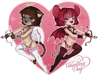 accessory anthro areola black_clothing black_horn black_legwear blue_eyes bow_(weapon) bow_ribbon breasts brown_hair clothed clothing cupid's_arrow duo feathered_wings feathers female genitals hair hair_accessory hair_bow hair_ribbon halo heart_background holding_bow_(weapon) holding_object holding_ranged_weapon holding_weapon holidays horn legwear lingerie looking_at_viewer membrane_(anatomy) membranous_wings navel nipples open_mouth open_smile pink_areola pink_bow pink_eyes pink_nipples ranged_weapon red_hair red_text red_wings revealing_outfit ribbons simple_background skimpy small_breasts smile spade_tail sparkles tail text vulva weapon white_clothing white_legwear wings yellow_halo young young_anthro young_female bimbo4ka valentine's_day demon domestic_cat felid feline felis mammal mouse murid murine rodent siamese_cat 2026 colored digital_drawing_(artwork) digital_media_(artwork) english_text hi_res