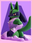 3_toes alternate_color anthro athletic clothing feet femboy footwear fur genitals gloves green_body green_fur handwear humanoid_genitalia kneeling looking_at_viewer male penis simple_background smile socks solo spikes toes adynamical nintendo pokemon canid canine generation_4_pokemon lucario mammal pokemon_(species) 3d_(artwork) blender_(artwork) digital_media_(artwork) hi_res