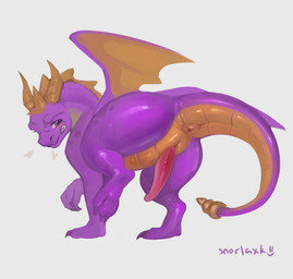 angry animal_genitalia anus bodily_fluids butt erection feet feral genital_fluids genitals horn male paws penis simple_background tail wings snorlaxk activision mythology spyro_the_dragon spyro dragon mythological_creature mythological_scalie scalie hi_res