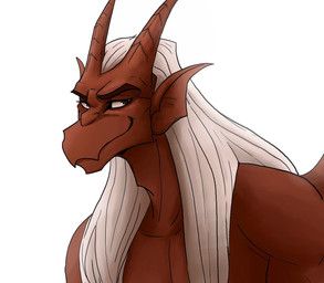 anthro hair horn looking_at_viewer male red_body simple_background smile solo white_hair revheadarts disney gargoyles brooklyn_(gargoyles) gargoyle scalie hi_res