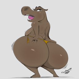 anthro big_butt bikini breasts butt clothing eyelashes female grey_background grey_body grey_skin huge_butt pink_tongue rear_view short_ears short_tail side_boob simple_background solo swimwear tail teeth teeth_showing text thick_thighs tongue two-piece_swimsuit conditional_dnp digitaldomain123 dreamworks madagascar_(series) gloria_(madagascar) common_hippopotamus hippopotamid mammal 1:1 2026 absurd_res artist_name hi_res signature
