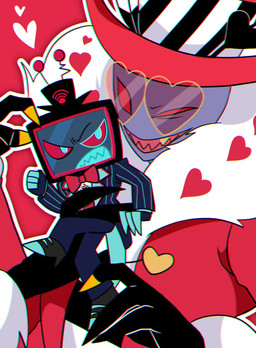 clothed clothing duo electronics for_a_head hat headgear headwear heart_symbol male screen screen_face television xxxshinamoxxx hazbin_hotel hellaverse valentino_(hazbin_hotel) vox_(hazbin_hotel) animal_humanoid arthropod arthropod_humanoid demon demon_humanoid humanoid insect insect_humanoid lepidopteran lepidopteran_humanoid moth_humanoid object_head screen_head tv_head hi_res