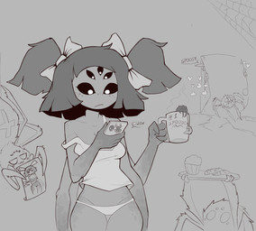 5_eyes 6_arms accessory anthro beverage bow_ribbon breasts cleavage clothed clothing container cookie crotch_lines cup electronics female female_focus feral food freckled_face freckles hair_accessory hair_bow hair_ribbon holding_container holding_cup holding_mug holding_object holding_phone muffin mug multi_arm multi_eye multi_limb panties phone pigtails ribbons tea tea_bag twin_bows underwear boobazaur undertale undertale_(series) muffet arachnid arthropod spider 2024 absurd_res greyscale hi_res monochrome