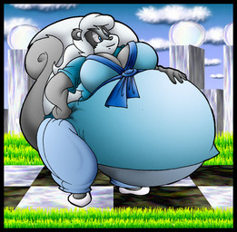 anthro belly big_belly big_breasts black_body black_fur blue_eyes bottomwear breasts clothing female footwear fur grass huge_belly huge_breasts hyper hyper_belly hyper_pregnancy multicolored_body multicolored_fur pants plant pregnant shirt shoes solo thick_thighs topwear two_tone_body two_tone_fur white_body white_fur virus-20 stacy_(satsumalord) mammal mephitid skunk 2012 digital_media_(artwork)
