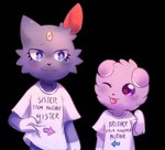 2018 anthro biped black_nose blue_eyes claws closed_smile clothed clothing digital_media_(artwork) directional_arrow duo english_text espurr eyelashes female finger_claws flavia-elric forehead_gem fur gem generation_2_pokemon generation_6_pokemon hi_res looking_at_another male mouth_closed nintendo one_eye_closed paws pink_pupils pokemon pokemon_(species) pupils purple_eyes shirt smile sneasel standing text text_on_clothing tongue tongue_out topwear white_sclera yellow_gem