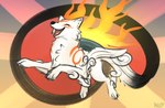 female feral fire fur happy jumping markings open_mouth paint quadruped running simple_background smile solo sun tail white_body white_fur heliofox capcom clover_studio okami_(capcom) amaterasu_(okami) canid canine canis deity mammal wolf digital_media_(artwork) hi_res