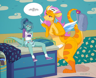 blue_body blue_diaper blue_hair breasts changing_table clean_diaper clothed clothing detailed_background diaper featureless_crotch female footwear hair holding_backpack looking_at_diaper pouch_(anatomy) shoes socks split_form tail text trash_can wearing_diaper wings yellow_body merunyaa mythology aquatic dragon merfolk mythological_creature mythological_scalie scalie english_text hi_res