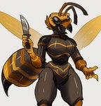 4_fingers antennae_(anatomy) anthro arthropod_abdomen female fingers holding_knife holding_object knife simple_background solo white_background fivel arthropod asian_giant_hornet hornet hymenopteran insect vespid wasp 2020 digital_media_(artwork)