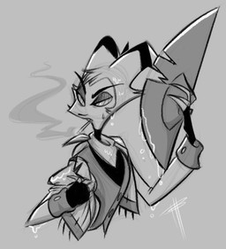 anthro cigarette clothing cowboy_hat eyebrows facial_hair fingerless_gloves gloves hair half-closed_eyes handwear hat headgear headwear holding_object horn kerchief male mustache narrowed_eyes short_hair smoke solo hntrgurl13 hellaverse helluva_boss striker_(helluva_boss) demon imp reptile scalie snake 2021 monochrome