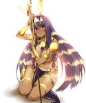 accessory armlet blonde_hair bottomwear breasts clothing coontail_hair egyptian female footwear gold_(metal) gold_jewelry hair hair_accessory hairband high_heels holding_object holding_staff jewelry kneeling loincloth long_hair midriff multicolored_hair navel purple_hair shoes side_boob simple_background solo staff striped_hair tan_body tan_skin two_tone_hair white_background tokiwa_midori fate_(series) type-moon caster_nitocris nitocris_(fate) animal_humanoid canid canid_humanoid canine canine_humanoid humanoid jackal_humanoid mammal mammal_humanoid 5:6 hi_res