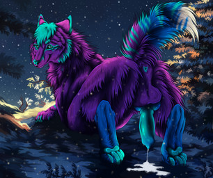 animal_genitalia animal_penis anus blue_anus blue_claws blue_eyes blue_hair blue_nose blue_pawpads blue_penis blue_tail bodily_fluids butt_tuft canine_genitalia canine_penis cheek_tuft chest_tuft claws closed_smile cum cum_on_ground cum_string erection facial_tuft feral fur genital_fluids genitals glistening glistening_eyes hair knot looking_at_viewer male male_feral markings mouth_closed neck_tuft night pawpads penis plant pupils purple_body purple_fur purple_tail short_hair sky slit_pupils smile snow snowing solo striped_markings striped_tail stripes tail tail_markings tree tuft white_tail msdeadsoul canid canine mammal 2026 dated hi_res