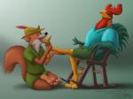 anthro anthro_on_anthro avian_caruncle barefoot bottomwear chair claws clothed clothing comb_(anatomy) dewlap_(anatomy) duo eyes_closed feet foot_fetish foot_lick foot_play furniture hat head_crest headgear headwear hindpaw licking male male/male narrowed_eyes paws rocking_chair shirt shorts sitting squint talons toes tongue tongue_out topwear tunic wattle riproarrex disney robin_hood_(disney) alan_a_dale robin_hood avian bird canid canine chicken fox galliform gallus_(genus) mammal phasianid red_fox true_fox