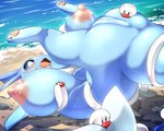 anthro areola big_breasts blush bodily_fluids breasts female genitals nipples nude pussy solo tears lets0020 nintendo pokemon eeveelution generation_1_pokemon generation_9_pokemon mammal pokemon_(species) vaporeon wiglett 5:4 hi_res