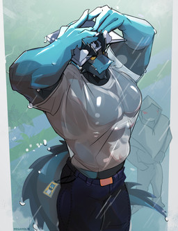 anthro black_body black_horn black_spikes blue_body blush blush_lines book bottomwear cheek_spikes clothed clothing covering_head duo facial_spikes holding_book holding_object horn jaw_spikes male muscular pants raining shirt spikes spikes_(anatomy) t-shirt tail text topwear translucent translucent_clothing translucent_shirt translucent_topwear wet wet_body wet_clothing megadolix mythology generic_character zinc_(megadolix) dragon mythological_creature mythological_scalie scalie wingless_dragon absurd_res artist_name digital_media_(artwork) hi_res