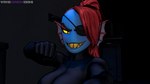 anthro big_breasts blue_body blue_scales bodysuit breasts clothing detailed_background eye_patch eyewear female fin fingers fist hair inside looking_at_viewer ponytail pupils red_hair scales sharp_teeth skinsuit slit_pupils smile solo teeth text tight_clothing yellow_sclera yamimarik1994 rafaknight-rk_(modeler) undertale undertale_(series) undyne fish marine 16:9 2019 3d_(artwork) 4k absurd_res artist_name digital_media_(artwork) hi_res shaded source_filmmaker_(artwork) widescreen