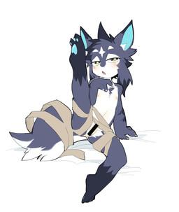 andromorph anthro blue_body blue_fur censor_bar censored_genitalia fur intersex kemono male multicolored_body nipples raised_leg simple_background solo white_body white_fur shoko_contane censored hi_res