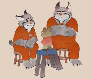 age_difference anthro arrested barefoot big_muscles black_body black_fur blue_eyes bottomwear brown_body brown_fur claws clothing convict criminal crossed_arms cuff_(restraint) eyebrows feet fur furniture grey_body grey_fur group grumpy handcuffed handcuffs inmates inmates_clothing ladder larger_anthro larger_male male manly markings metal_cuffs multicolored_body multicolored_fur muscular muscular_anthro muscular_arms muscular_male muscular_thighs older_anthro older_male orange_bottomwear orange_clothing orange_eyes orange_pants orange_shirt orange_topwear pants prison prison_uniform prisoner restraints shirt simple_background sitting sitting_on_stool size_difference smaller_anthro smaller_male spots spotted_body spotted_fur spotted_markings spread_legs spreading standing stool tail tan_background therapist therapy thick_arms thick_eyebrows thick_thighs topwear trio whiskers white_body white_fur younger_anthro younger_male kenikami disney zootopia dr._fuzzby milton_lynxley pawbert_lynxley canada_lynx felid feline lynx macropod mammal marsupial quokka hi_res father_(lore) father_and_child_(lore) father_and_son_(lore) parent_(lore) parent_and_child_(lore) parent_and_son_(lore) son_(lore)