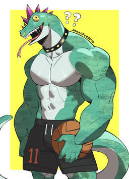 anthro black_bottomwear black_clothing black_shorts bodily_fluids bottomwear clothed clothing collar derp_eyes facial_piercing green_body green_scales head_spikes male muscular muscular_anthro muscular_male nose_piercing nose_ring number_on_clothing pecs piercing purple_spikes question_mark ring_piercing saliva scales septum_piercing septum_ring shirtless_anthro shirtless_male shorts solo spikes spikes_(anatomy) studded_collar studs tail teeth tongue tongue_out yellow_sclera jakkufurosto99 goat_(movie) sony_corporation sony_pictures modo_olachenko komodo_dragon lizard monitor_lizard reptile scalie 2026 alternate_version_at_paywall digital_media_(artwork) hi_res