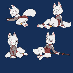 3_toes 4_fingers anthro asian_clothing backless_clothing barefoot bell bob_cut breasts butt clothed clothing curvy_figure dress east_asian_clothing eyeliner eyes_closed feet female fingers fluffy fluffy_tail fur hourglass_figure inner_ear_fluff japanese_clothing katana kneeling makeup medium_breasts melee_weapon miko_outfit multiple_poses natural_breasts no_bra no_underwear pawpads pink_pawpads pose robe samurai scabbard shrine_maiden sitting smile soles solo spread_legs spreading sword tail toes tuft warrior weapon white_body white_fur e254e yuki_(e254e) canid canine fox mammal absurd_res hi_res model_sheet