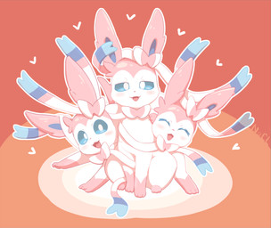 3_toes ^_^ ^o^ ambiguous_feral ambiguous_gender blue_inner_ear blue_sclera blush cute_fangs ear_bow eyes_closed fangs feet feral front_view fur group heart_symbol hearts_around_body hearts_around_head kemono leg_markings looking_at_viewer markings multicolored_body multicolored_fur no_pupils open_mouth open_smile pink_body pink_ears pink_fur pink_tongue pupils quadruped ribbons sitting smile socks_(marking) teeth toes tongue trio two_tone_body two_tone_fur white_body white_eyes white_fur nacl_chicken nintendo pokemon eeveelution generation_6_pokemon mammal pokemon_(species) sylveon 2026 colored digital_media_(artwork) hi_res shaded signature simple_shading