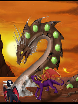 black_bars brown_body brown_scales claws cliff detailed_background fangs female feral group horn insect_wings long_tail male membrane_(anatomy) membranous_wings outside partially_submerged pupils purple_body quadruped scales sea size_difference sky slit_pupils spikes spikes_(anatomy) sun sunset tail teeth toony two_tone_wings water white_horn wings yellow_eyes yellow_horn cynder-and-spyro-fan minerea activision european_mythology mythology spyro_the_dragon cynder sparx spyro aquatic aquatic_dragon arthropod dragon dragonfly insect mythological_creature mythological_scalie scalie sea_serpent western_dragon digital_media_(artwork) letterbox source_request
