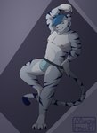 anthro blue_clothing blue_hair blue_jockstrap blue_underwear clothing feet fur grey_body hair hand_behind_head jockstrap male nipples nude pecs pink_nipples pink_nose solo underwear white_body marcofox arilor felid mammal pantherine tiger absurd_res hi_res