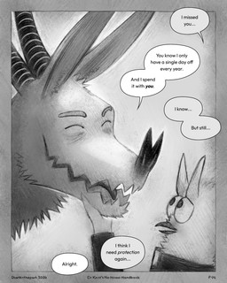 ambiguous_gender anthro beak border dialogue duo eyebrows eyes_closed holding_chin horn looking_up looking_up_at_partner open_beak open_mouth priest priest_robes sharp_teeth size_difference smile speech_bubble teeth text tongue sharkinthepark all_mighty_lord_(sharkinthepark) avian bat bird mammal owl 2026 4:5 absurd_res comic english_text hi_res monochrome male_(lore)